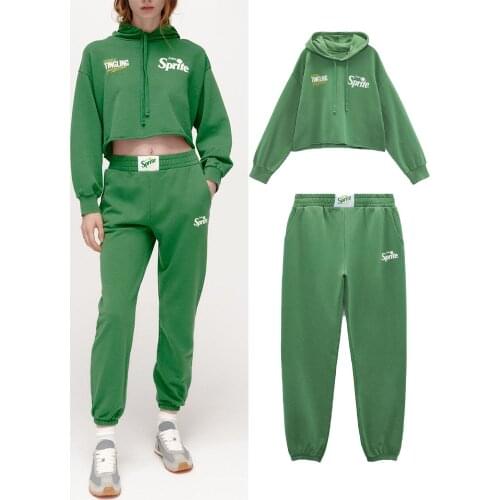 ZA autumn new womens clothing European and American style letter printing short hooded sweater and high-waist jogging pants