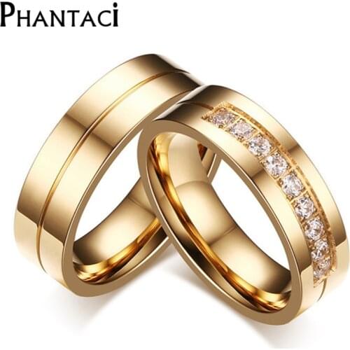 6MM Stainless Steel Wedding Ring For Lovers IP Gold Color Crystal CZ Couple Rings Set Men Women Engagement Wedding Rings