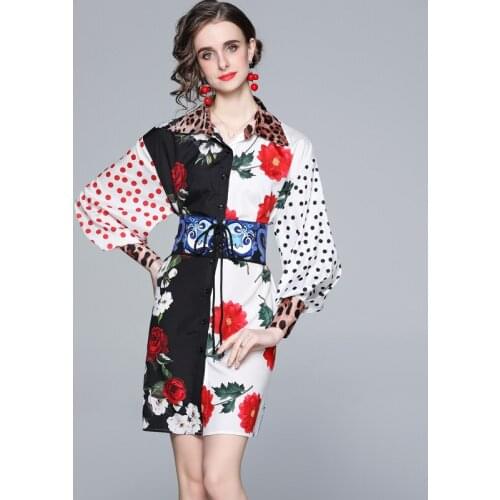 Menahem 2021 Autumn Single-Breasted Lantern Full Sleeve Shirt Dress Women Elegant Flower Printed Loose Bandage Mini Dress