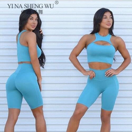 Sexy 2 Piece Set Women Yoga Set Sport Wear Women Set Workout Clothes Gym Clothing Fitness Blue Sport Suit Sports Bra Yoga Shorts