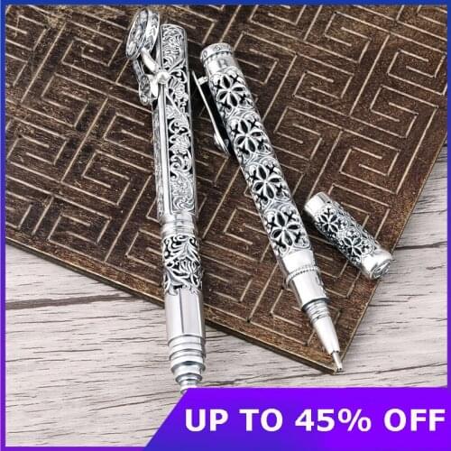 Solid Silver Pen Pendant Men S925 Sterling Silver Vintage Carved 925 Silver Openwork Flower Vine Business Ballpoint Pen Pendant