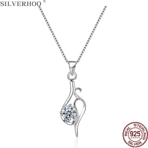 SILVERHOO Trendy Necklace For Women S925 Sterling Silver Inlay Zirconia Pendent Necklace Simple Hollow Modelling Fine Jewelry