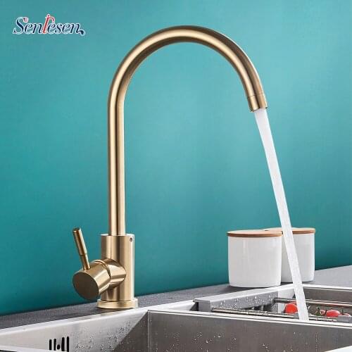 Senlesen Kitchen Sink Faucet Pull Out Sprayer Nozzle Gold Faucet Deck Mount Hot and Cold Water Single Hanlde Kitchen Sink