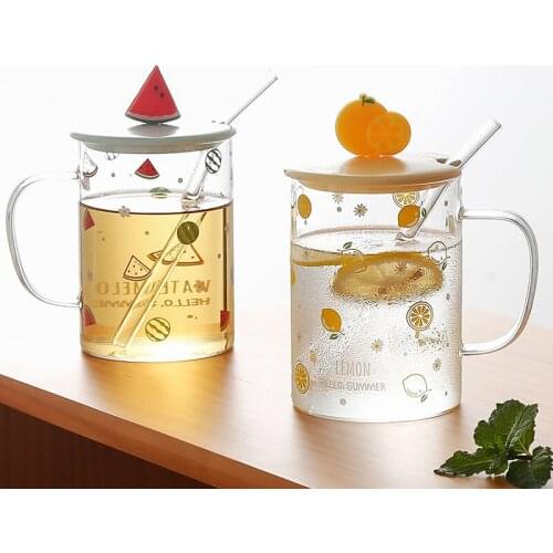 500ml Fruit Glass Bottle with Cover with Straw Lovers Office, Home Coffee Cup Pure and Bright Dustproof Lid Transparent Straw