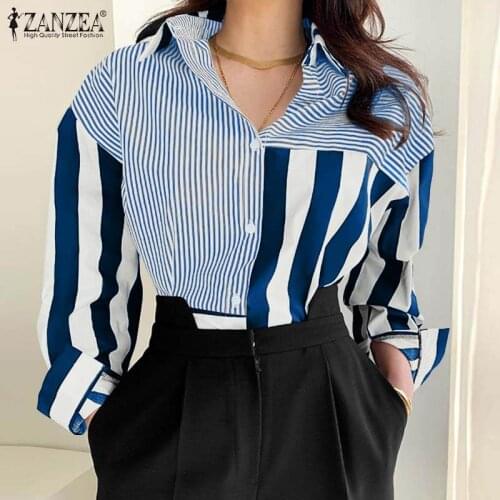 Tunic Shirt Top Spring Casual Loose Shirt Tops ZANZEA Women Long Sleeve Striped Printed Blouse Stylish Lapel Work OL Chemise