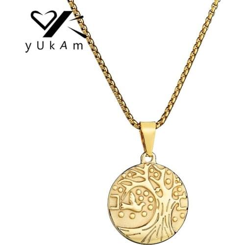 YUKAM Women Inspirational Hope Tree of Life Round Coin Pendant Necklaces Gold 316L Stainless Steel Coin Female Necklaces Jewelry