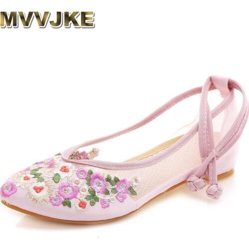 MVVJKE Chinese Summer Women Flats Pointed Toe Gauze Breathable Mesh Floral Embroidery Soft Ballerina Shoes Woman Zapatos Mujer