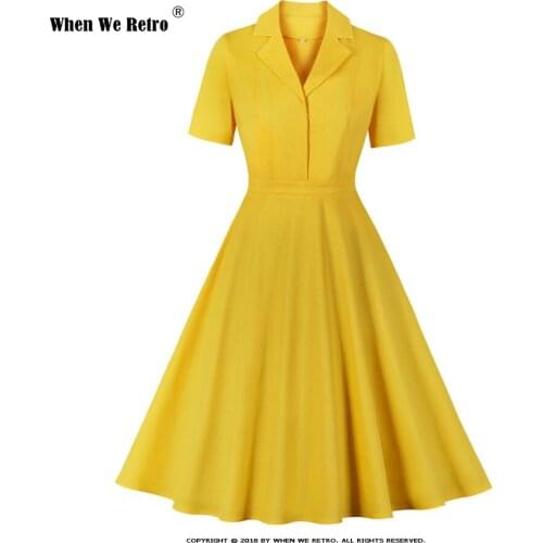 When We Retro Women Dress VD1745 Short Sleeve 50s 60s Cotton Vintage Dresses in Yellow