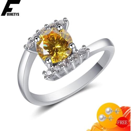 Fashion Silver 925 Jewerly Ring Round Citrine Zircon Gemstones Accessories for Women Wedding Engagement Wholesale Finger Rings