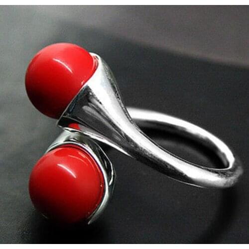 Womens Beautiful Natural Red Coral 925 Solid Sterling Silver Ring Size adjust