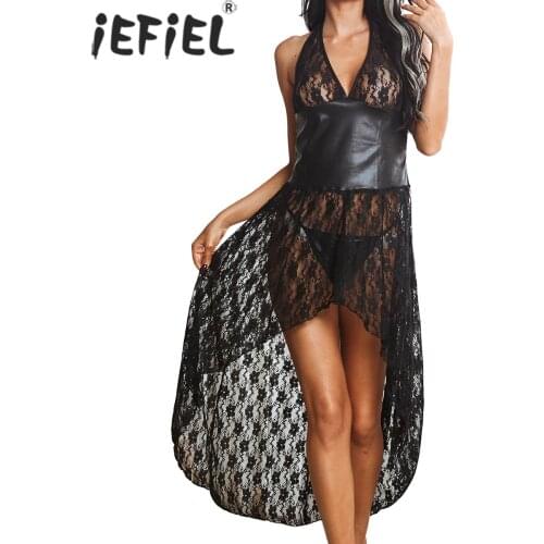 Women Floral Lace Patchwork Exotic Dress Clubwear Ladies Backless Asymmetrical Hem Dresses See-through Mesh Bra Top with Shirts