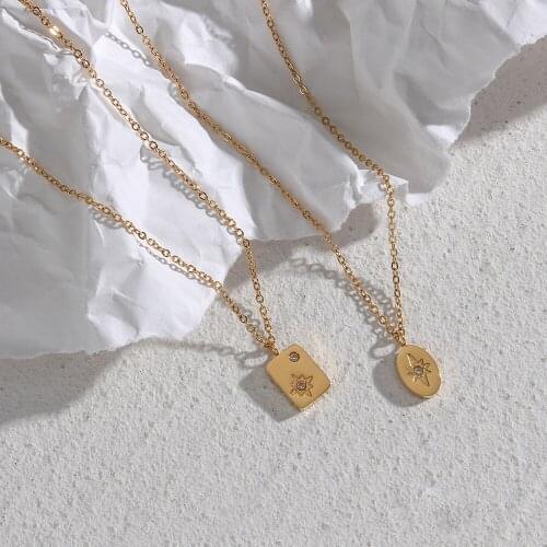 18K Gold Plated Ladies Tarnish Free Stainless Steel Small Size Delicate Oval Square Cubic Zirconia CZ Stone Pendant Necklace