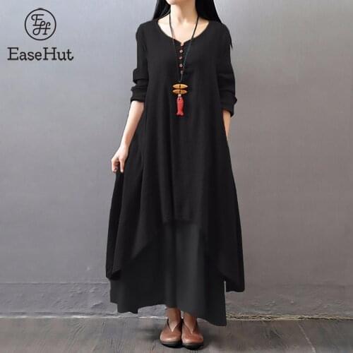 EaseHut 2021 Fashion Women Casual Loose Dress Solid Long Sleeve Boho Long Maxi Dress Spring Summer Dress Women Plus Size