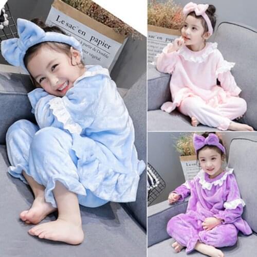 2-6 Years Winter Girls Warm Fleece Pajamas Baby Kids Children 3pcs Sleeping Suit Including Headband+Shirt+Pant