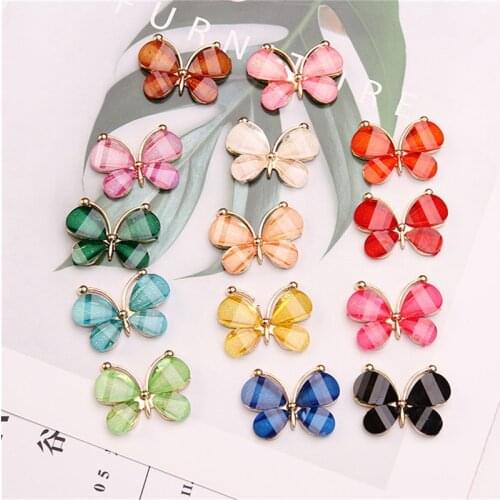 Julie Wang 10PCS Alloy Butterfly Charms With Acrylic Wings Mixed Colors Butterfly Pendant Brooch Jewelry Making Accessory