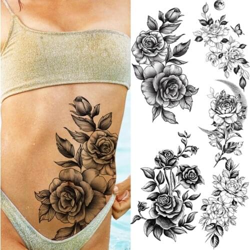 3D Realistic Large Rose Flower Temporary Tattoos For Women Girl Peony Moon Butterfly Fake Tattoo Sexy Waist Tnsfer Tatoo Decal