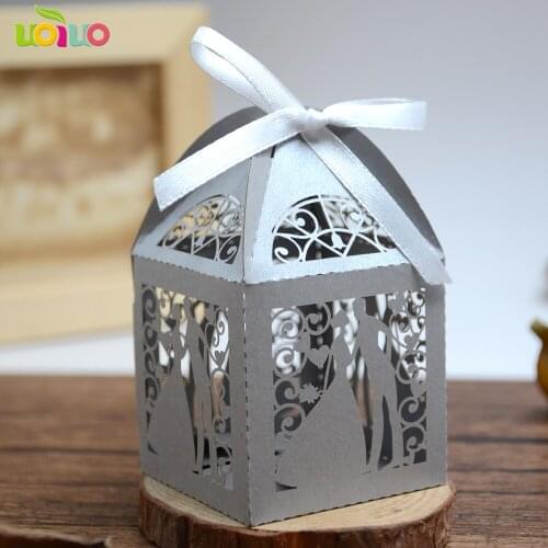 50pcs small candy box wedding decoration laser cut couple silver grey cake box