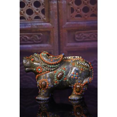 8" Tibet Buddhism Old Natural meteorite Filigree mosaic Gem Dzi Bead Cow statue Bull market Wall Street Bull Bullish Town House