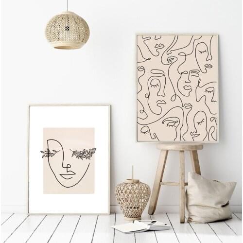Abstract Woman Face One Line Drawing Prints Leaf Plants Poster Minimalist Nordic Poster Canvas Painting Wall Art Picture Decor
