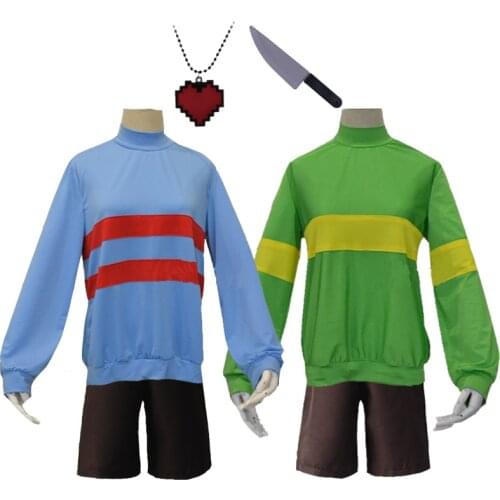 Game Costumes Undertale Frisk Chara Cosplay Costume Andertail Sweatshirts High Collar Hoodie and Shorts Props Knife Necklace