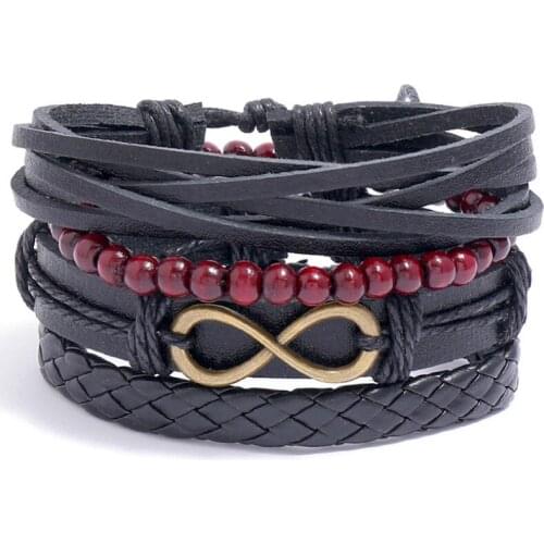 Fashion Vintage Hippie Infinities Black Bracelet Set MultiLayer Braid Leather Bead Infinity Charm Bangle Wrap Wristbands Jewelry