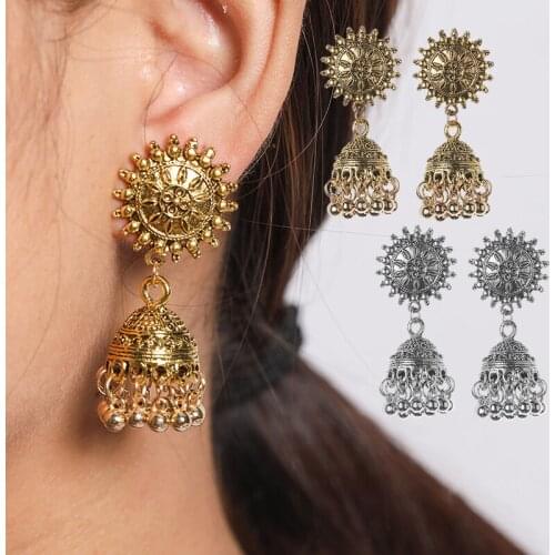 Retro Bollywood Oxidized Earrings Womens Ethnic Flower Silver Plated Afghan Bell Tassel Jhumka Indian Earrings Wedding Jewelry