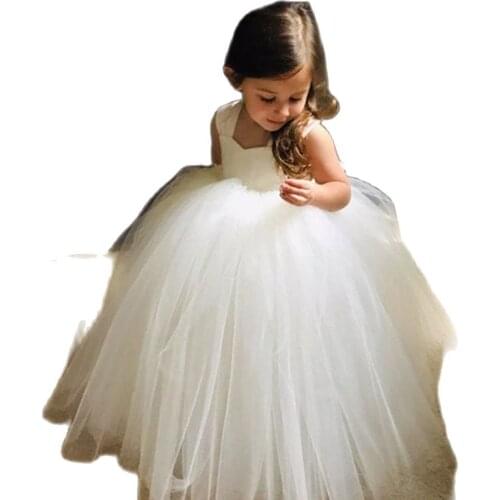 Puffy Flower Girl Dresses Tulle Princess Dress Spaghetti Strap Kids First Communion Dress Bow Net Girl Birthday Party Dress