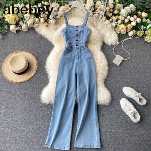 Chic Retro Denim Overall Womens 2020 New Summer Sexy Spaghetti Straps Jumpsuit Slim Jeans Wide Leg Pants Female Holiday