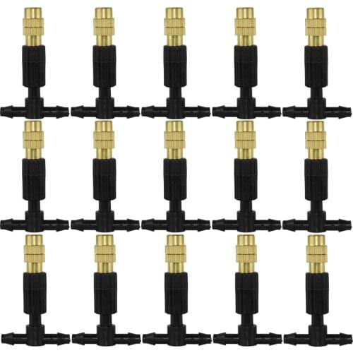 SPRYCLE 15-200PCS Garden 1/4'' Brass Misting Cooling Nozzle w Barb Tee Connector 4/7mm Adjustable Copper Watering Spray Atomizer