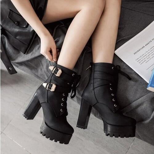 Square High Heel Womens Ankle Boots Platform Heel Black Leather Extreme High Heels Shoes for Party Nightclub Model Back Zip