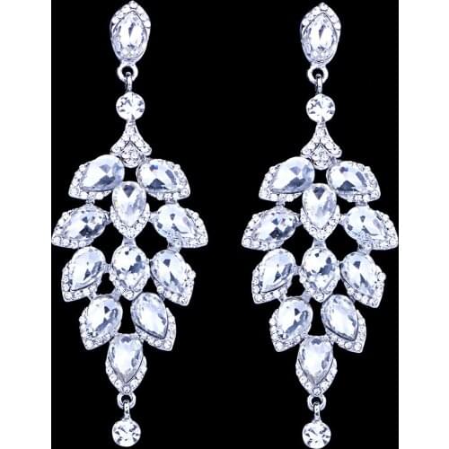FARLENA Exclusive Tree Shaped Crystal Silver Plated Dangle Long Earrings for Women Bridal Wedding Jewelry