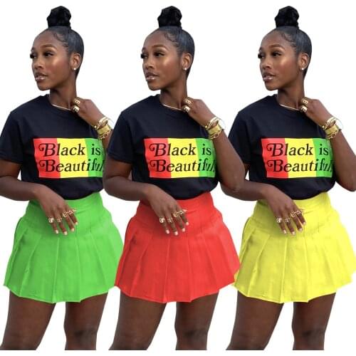 Women Set Letter Print Short Sleeve T-shirts Tops Mini Pleated Skirts Two 2 Piece Sets Casual Fashion Outfits Summer Tracksuits