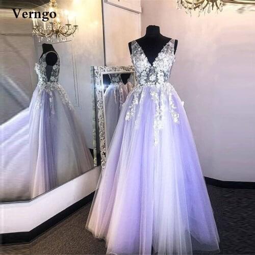 Verngo Elegant Lavender Tulle Long Evening Dresses With 3D Flowers V Neck Floor Length Prom Gowns Lace Tie Back Pageant Dress