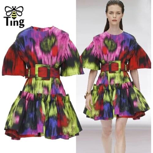 Tingfly Designer Runway Vintage Tie Dye Dress Camo New Ruched Women Summer Street Casual A Line Dress with Belt Vestidos Elbise