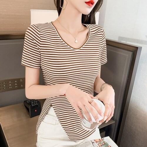 2021 Summer Stripe T-shirt Women Short Sleeve V-neck Split Slim Tops Tees Korean Style Brief Casual T Shirt Mom Wear T010