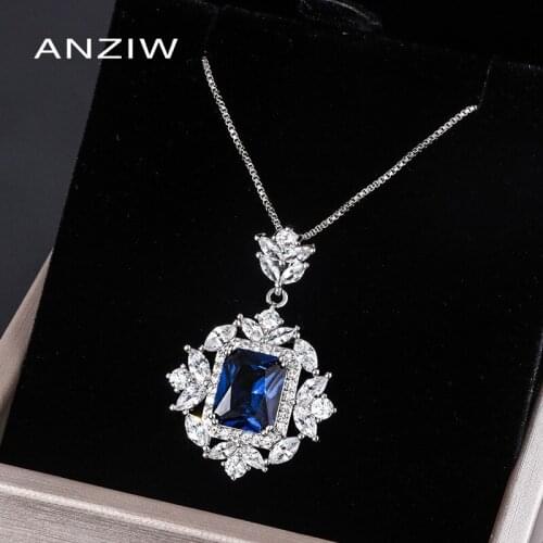 ANZIW Sterling Silver 8*10mm Radiant Cut Lab Created Sapphire Fashion Classic Pendant Necklace for Women Jewelry Gifts