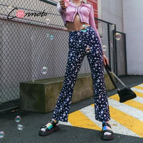 Conmoto Black pink flowers printed flare pants Winter autumn zipper casual Y2K all-match knitted trousers Women bottoms 2021 new
