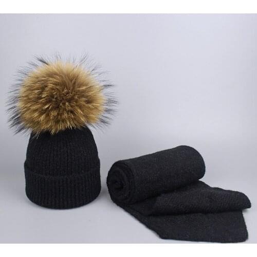 Children and Adult knitted Wool Scarf and Hat Set Winter Warm Crochet scarves with Real fur pompom Beanie Hat for boys and girls