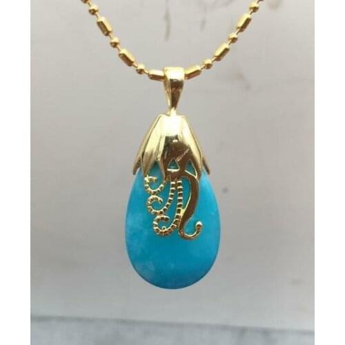 && Dominican Larimar jade Gemstones Solid Gold Plated Necklace Pendant 15x25mm