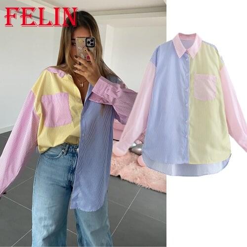 FELIN Za Streetwear Oversized Long Shirts Women Striped Patchwork Button Pockets Casual Shirts Female Long Sleeve Loose Tops
