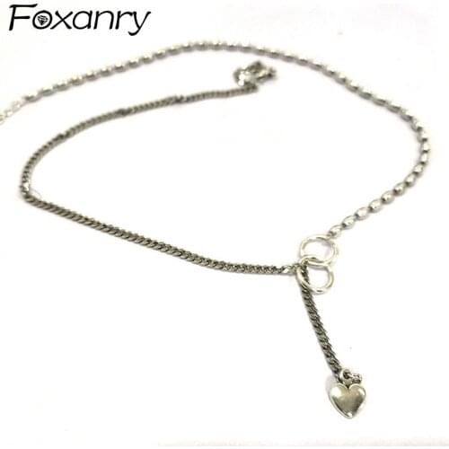 Foxanry 925 Sterling Silver Necklace New Trend Hip Hop Vintage Couples Splicing Chain LOVE Heart Party Jewelry Gifts Wholesale