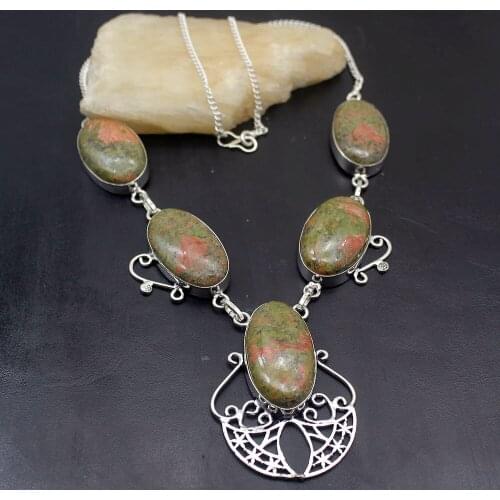 Hermosa Trendy Natural Green Unakite Silver Color Women Chain Pendant Necklace 20 Inch NY1216 Free Shipping