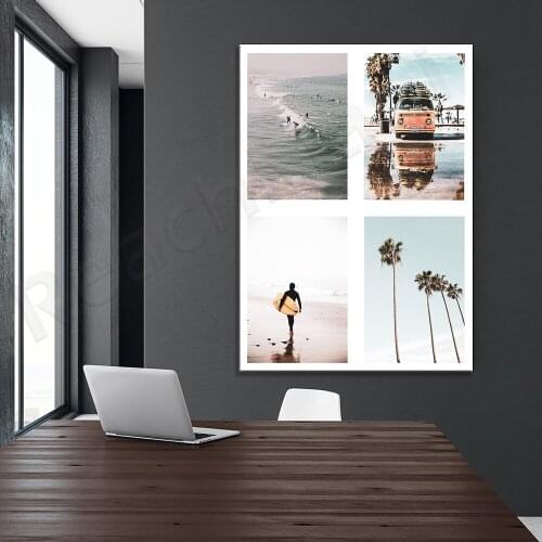 California Wall Art Print, Beach Photography Collage, Modern Surf Decor, Beach Poster, Printable Surf Life Photo, Retro Van