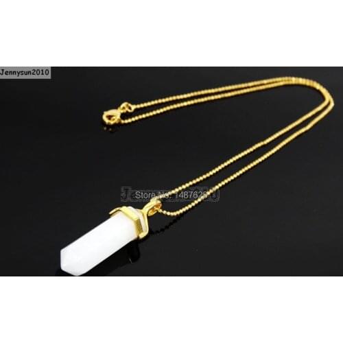 Natural White Ja-de Gems Stones Hexagonal Pointed Healing Reiki Chakra Pendant Beads Gold 17'' Chain Necklace 5 Sets/Pack