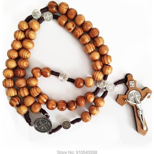 Saint Benedict Medal Antique Wooden Rosary Necklaces Men Religious Favors With Cross Jesus Pendant