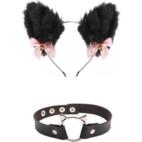 Cat Ears Headband Plush Furry Cute Cat Ears with Bow Bell Chocker Fluffy Headwear Kitten Necklace for Party Halloween