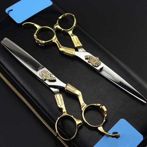 Professional japan 440c 6 '' Retro gold gem cut hair scissors cutting barber makas haircut thinning shears hairdressing scissors
