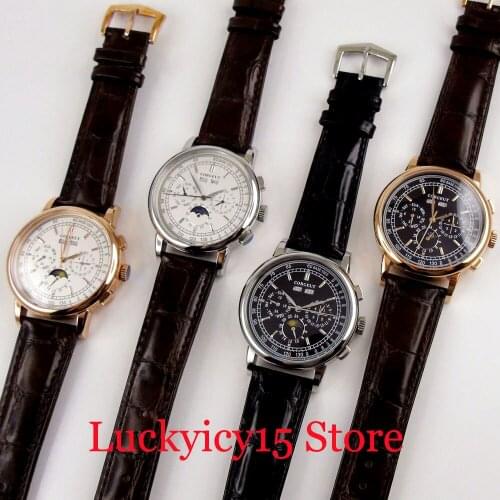 CORGEUT Men Watch Automatic Movement Year Month Week Indicator 42mm Polished Case Leather Band