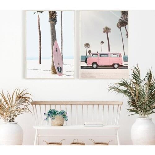 Pink Pastel Retro Hippie Van Canvas Print Palm Tree Surf Tropical Beach Landscape Painting Wall Pictures Living Room Home Decor