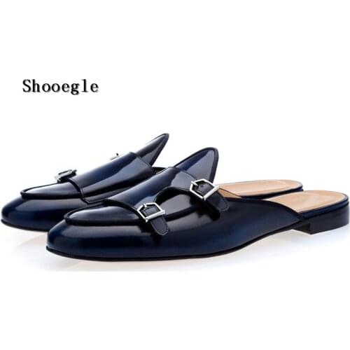 SHOOEGLE Men Fashion Black Blue Buckle Mule Shoes Slip-on Loafers Slippers Comfortable Outdoor Casual Luxury Handmade Shoes